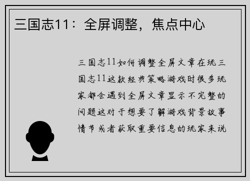 三国志11：全屏调整，焦点中心