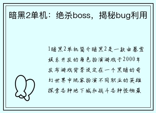暗黑2单机：绝杀boss，揭秘bug利用