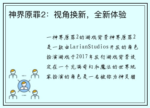 神界原罪2：视角换新，全新体验